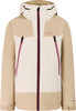 Eine beige Jacke mit farbigen Einsätzen und einem lila Reißverschluss, ideal zum Skifahren.