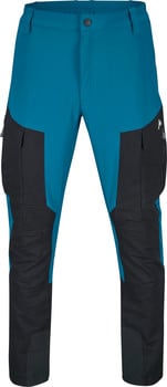 Blaue Cargohose mit schwarzen Einsätzen und Taschen, auf weißem Hintergrund.