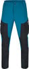 Blaue Cargohose mit schwarzen Einsätzen und Taschen, auf weißem Hintergrund.