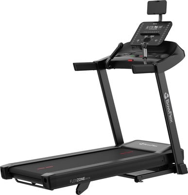 Schwarzes Bowflex Laufband mit Touchscreen und Tablet Halterung. Schwarzes Bowflex Laufband mit Touchscreen und Tablet Halterung.