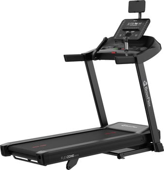 Schwarzes Bowflex Laufband mit Touchscreen und Tablet Halterung.