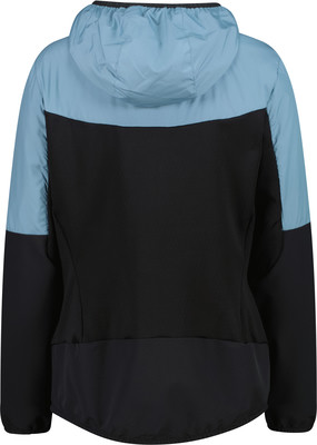 Damenjacke mit Kapuze, Kombination aus Schwarz und Hellblau.