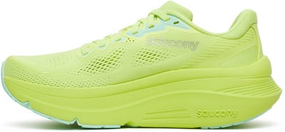 Ein hellgrüner Saucony-Laufschuh mit pastellblauen Akzenten und Logo. Ein hellgrüner Saucony-Laufschuh mit pastellblauen Akzenten und Logo.