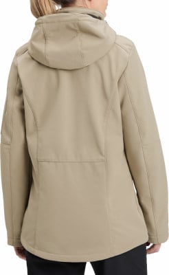 Rückansicht einer Damen-Khakijacke mit Kapuze und Ärmeldetails.