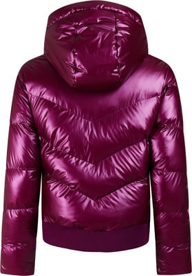Glänzende dunkelrosa Daunenjacke mit Kapuze und V-Steppung. Glänzende dunkelrosa Daunenjacke mit Kapuze und V-Steppung.