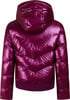 Glänzende dunkelrosa Daunenjacke mit Kapuze und V-Steppung.