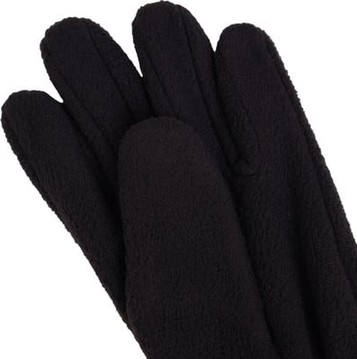 Schwarze Fleecehandschuhe aus der Nähe gezeigt. Schwarze Fleecehandschuhe aus der Nähe gezeigt.