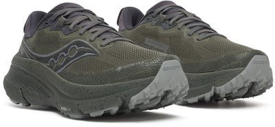 Paarweise Herren-Laufschuhe von Saucony in Dunkelgrün mit grauer Sohle. Paarweise Herren-Laufschuhe von Saucony in Dunkelgrün mit grauer Sohle.