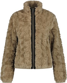 Cremefarbene Kunstpelzjacke mit Reißverschluss und hohem Kragen.