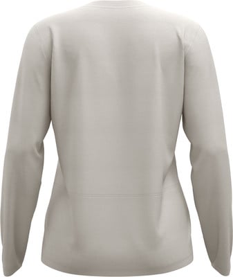 Rückansicht eines beigen Pullovers mit langen Ärmeln und Nähten.