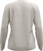 Rückansicht eines beigen Pullovers mit langen Ärmeln und Nähten.