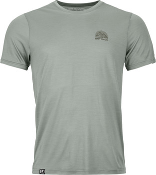 Graues Herren-T-Shirt mit kurzen Ärmeln und Ortovox-Logo auf der Brust.