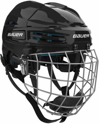 Schwarzer Bauer Eishockeyhelm mit Metallgesichtsschutz und blauen Details. Schwarzer Bauer Eishockeyhelm mit Metallgesichtsschutz und blauen Details.