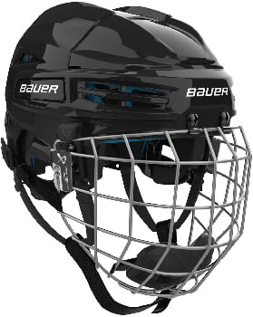 Schwarzer Bauer Eishockeyhelm mit Metallgesichtsschutz und blauen Details.