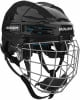 Schwarzer Bauer Eishockeyhelm mit Metallgesichtsschutz und blauen Details.