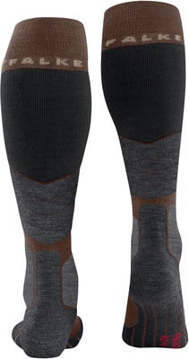 Zwei hohe Socken der Marke Falke aus dunklem und braunem Strick, mit Logo.