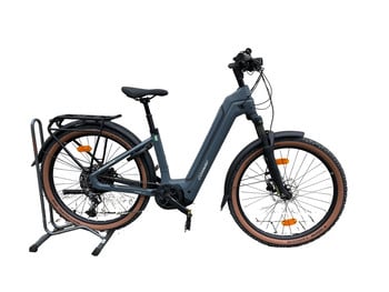 Graues E-Bike mit braunen Reifen auf einem Ständer.