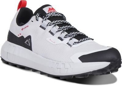 Weiße Laufschuhe mit schwarzen und roten Details und einer auffälligen Sohle. Weiße Laufschuhe mit schwarzen und roten Details und einer auffälligen Sohle.