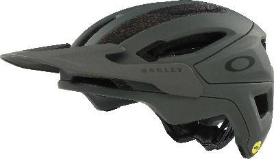 Grüner Oakley Fahrradhelm mit Visier und MIPS-Logo.