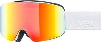 Uvex Skibrille mit roter Spiegellinse und weißem Band.