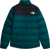 Grüne Daunenjacke von The North Face mit schwarzem Oberteil und Logo.