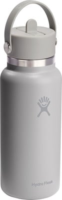 Graue Hydro Flask Flasche mit Griff und Logo. Graue Hydro Flask Flasche mit Griff und Logo.