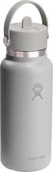 Graue Hydro Flask Flasche mit Griff und Logo.