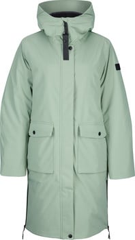 Hellgrüne Damenjacke mit Kapuze und Taschen.