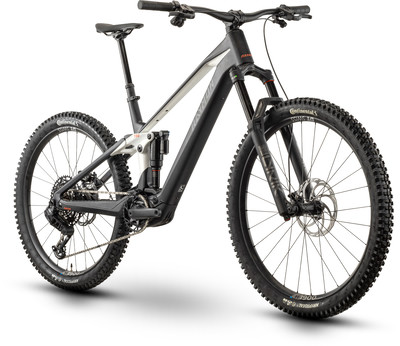 Schwarzes E-Bike mit Federung und breiten Reifen.