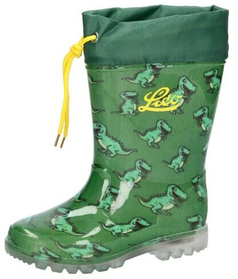 Grüne Gummistiefel mit Dino-Aufdruck und gelbem Kordelzug. Grüne Gummistiefel mit Dino-Aufdruck und gelbem Kordelzug.