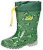 Grüne Gummistiefel mit Dino-Aufdruck und gelbem Kordelzug.