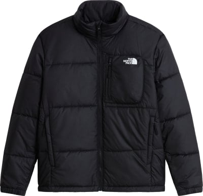 Schwarze Daunenjacke von The North Face mit weißem Logo auf der Brust. Schwarze Daunenjacke von The North Face mit weißem Logo auf der Brust.