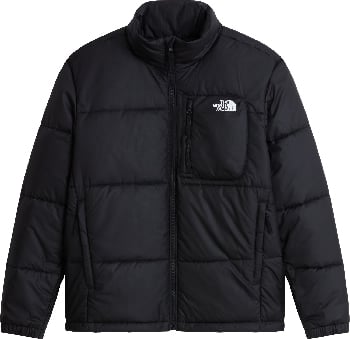 Schwarze Daunenjacke von The North Face mit weißem Logo auf der Brust.