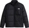 Schwarze Daunenjacke von The North Face mit weißem Logo auf der Brust.