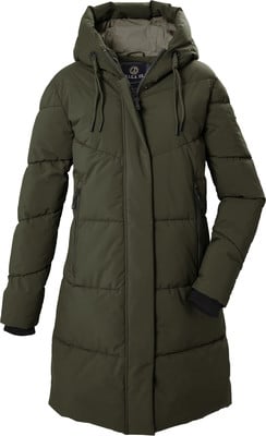 Dunkelgrüne Damen-Steppjacke mit Kapuze und Reißverschluss. Dunkelgrüne Damen-Steppjacke mit Kapuze und Reißverschluss.