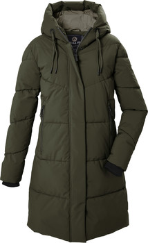 Dunkelgrüne Damen-Steppjacke mit Kapuze und Reißverschluss.