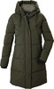 Dunkelgrüne Damen-Steppjacke mit Kapuze und Reißverschluss.