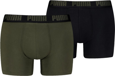 Zwei Puma Boxershorts in Schwarz und Khaki mit Markenlogo auf dem Bund. Zwei Puma Boxershorts in Schwarz und Khaki mit Markenlogo auf dem Bund.