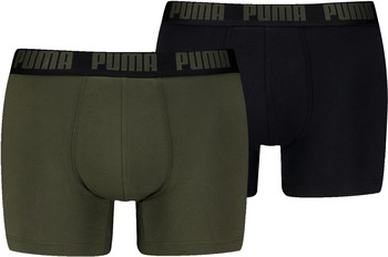 Zwei Puma Boxershorts in Schwarz und Khaki mit Markenlogo auf dem Bund.