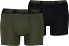 Zwei Puma Boxershorts in Schwarz und Khaki mit Markenlogo auf dem Bund.