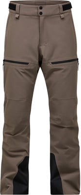 Braune Outdoorhose mit schwarzen Reißverschlüssen und schwarzen Einsätzen unten.