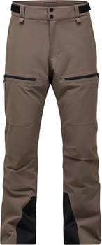 Braune Outdoorhose mit schwarzen Reißverschlüssen und schwarzen Einsätzen unten.
