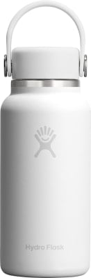 Weiße Hydro Flask Flasche mit Logo und Griff. Weiße Hydro Flask Flasche mit Logo und Griff.