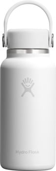 Weiße Hydro Flask Flasche mit Logo und Griff.