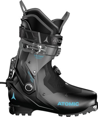 Schwarzer Atomic Skischuh mit blauem Logo und Schriftzug. Schwarzer Atomic Skischuh mit blauem Logo und Schriftzug.