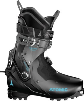 Schwarzer Atomic Skischuh mit blauem Logo und Schriftzug.