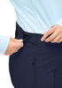 Dunkelblaue Damenhose mit Klettverschluss und Reißverschlusstasche.