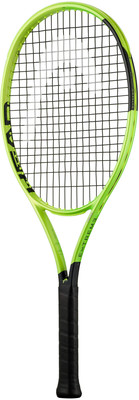 Ein grüner HEAD Extreme Tennisschläger mit schwarzem Griffband. Ein grüner HEAD Extreme Tennisschläger mit schwarzem Griffband.