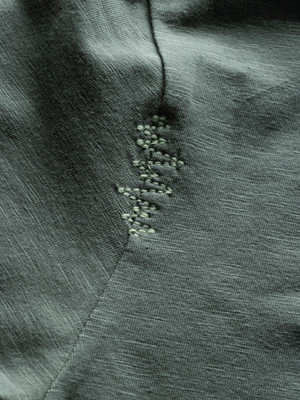 Detail eines Textils mit feinem Stickmuster in Dunkelgrün. Detail eines Textils mit feinem Stickmuster in Dunkelgrün.