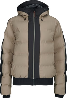 Herren-Beige-Jacke mit schwarzem Streifen und Kapuze.